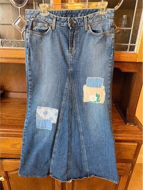 Lucky Brand Denim Maxi Skirt Sz 8 Patchwork Boho Repurposed Jean Long Skirt